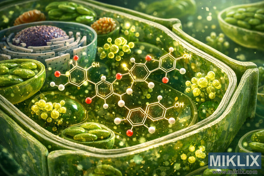 Microscopic illustration showing polyphenol molecules inside plant cells with detailed organelles and glowing molecular structures. Microscopic illustration showing polyphenol molecules inside plant cells with detailed organelles and glowing molecular structures.