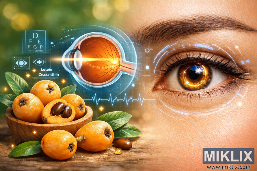 A detailed digital artwork showing loquats beside a human eye with holographic medical graphics illustrating eye health benefits. A detailed digital artwork showing loquats beside a human eye with holographic medical graphics illustrating eye health benefits.