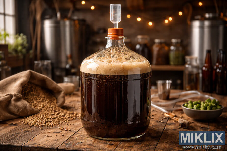 Dark brown Belgian ale fermenting in a glass carboy on a rustic wooden table, with foamy krausen, an airlock, spilled barley, and a bowl of green hops in a warm workshop setting. Dark brown Belgian ale fermenting in a glass carboy on a rustic wooden table, with foamy krausen, an airlock, spilled barley, and a bowl of green hops in a warm workshop setting.