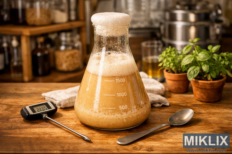 A warm, well-lit wooden countertop scene featuring a large clear glass Erlenmeyer flask filled with an actively fermenting lager yeast starter. A warm, well-lit wooden countertop scene featuring a large clear glass Erlenmeyer flask filled with an actively fermenting lager yeast starter.