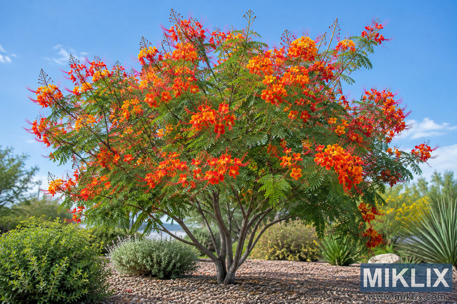 Small multi-trunk flowering tree with a broad canopy, fern-like green foliage, and vivid orange-red blossoms in a sunny gravel garden. Small multi-trunk flowering tree with a broad canopy, fern-like green foliage, and vivid orange-red blossoms in a sunny gravel garden.