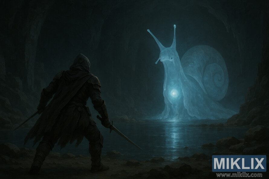 Um guerreiro da Faca Negra aproxima-se do Caracol Invocador de EspÃ­ritos luminoso dentro de uma caverna escura mas iluminada.