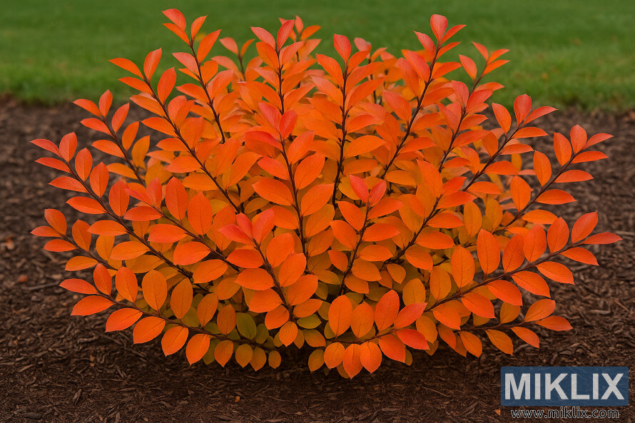 A compact Iroquois Beauty aronia shrub displaying vivid orange-red leaves in autumn, planted in dark mulch with a green lawn backdrop.