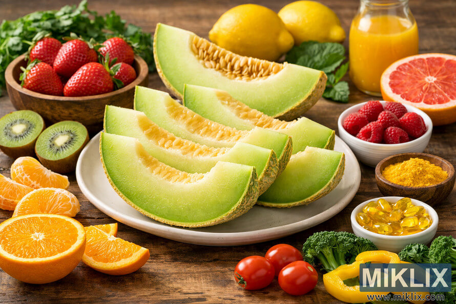 A high-resolution landscape photo showing honeydew melon slices surrounded by various vitamin C-rich foods such as oranges, kiwis, strawberries, raspberries, grapefruit, broccoli, and bell peppers on a rustic wooden table. A high-resolution landscape photo showing honeydew melon slices surrounded by various vitamin C-rich foods such as oranges, kiwis, strawberries, raspberries, grapefruit, broccoli, and bell peppers on a rustic wooden table.