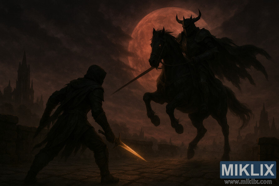 Cena de fantasia sombria de um Tarnished encapuzado encarando o cavaleiro da Cavalaria da Noite em um cavalo negro empinado sob uma lua vermelho-sangue em uma ponte de pedra em ruÃnas. Cena de fantasia sombria de um Tarnished encapuzado encarando o cavaleiro da Cavalaria da Noite em um cavalo negro empinado sob uma lua vermelho-sangue em uma ponte de pedra em ruÃnas.