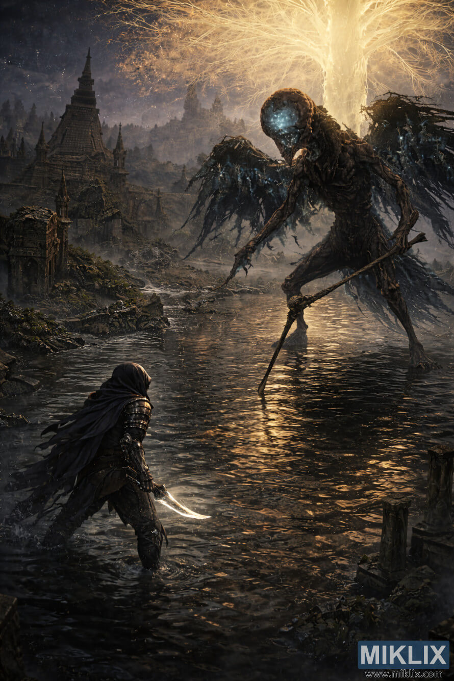 Tamsos fantastikos Eldeno Å½iedo gerbÄjÅ³ pieÅ¡inys iÅ¡ padidinto izometrinio vaizdo, kuriame AptemÄ uÅ¾tvindytame Akademijos VartÅ³ Mieste susiduria su milÅ¾iniÅ¡ku Mirties ApeigÅ³ PaukÅ¡Äiu, laikanÄiu lazdÄ po ErdmedÅ¾iu.