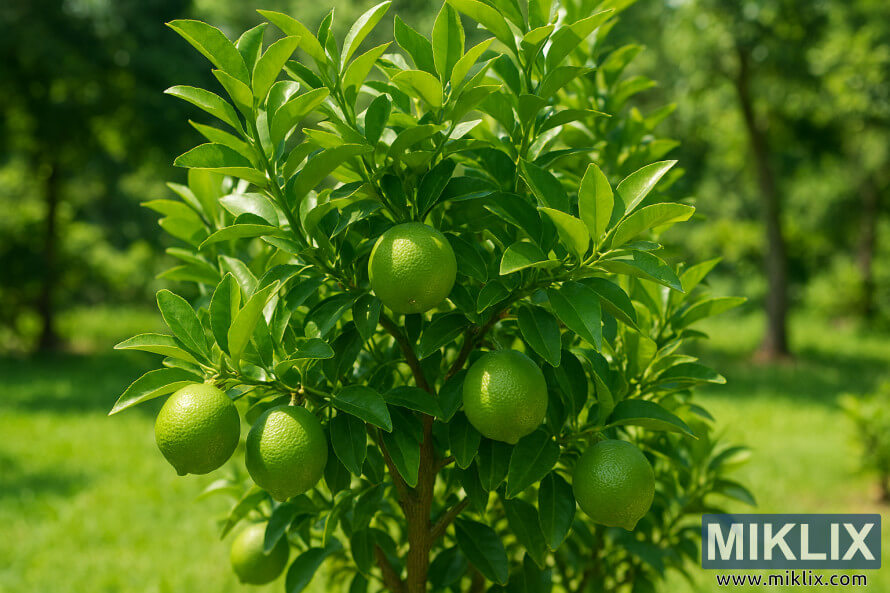 Lime tree with ripe green fruit and lush leaves in a sunlit garden
