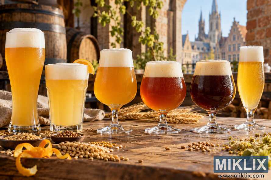 Six varied golden, amber and dark Belgian-style wheat beers on a rustic wooden table with grains, citrus peel, wheat, barrels and historic architecture. Six varied golden, amber and dark Belgian-style wheat beers on a rustic wooden table with grains, citrus peel, wheat, barrels and historic architecture.