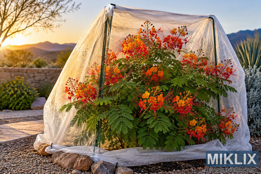 Orange-red flowering Pride of Barbados shrub sheltered beneath translucent frost cloth in a gravel garden at golden hour. Orange-red flowering Pride of Barbados shrub sheltered beneath translucent frost cloth in a gravel garden at golden hour.