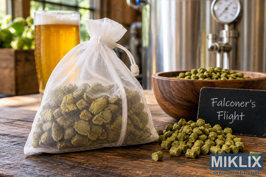 Landscape photo of a white mesh dry-hopping bag filled with green hop pellets on a rustic wooden table, with loose hops, a wooden bowl, a handwritten Falconerâs Flight slate, golden beer, and stainless-steel brewing equipment in the background. Landscape photo of a white mesh dry-hopping bag filled with green hop pellets on a rustic wooden table, with loose hops, a wooden bowl, a handwritten Falconerâs Flight slate, golden beer, and stainless-steel brewing equipment in the background.