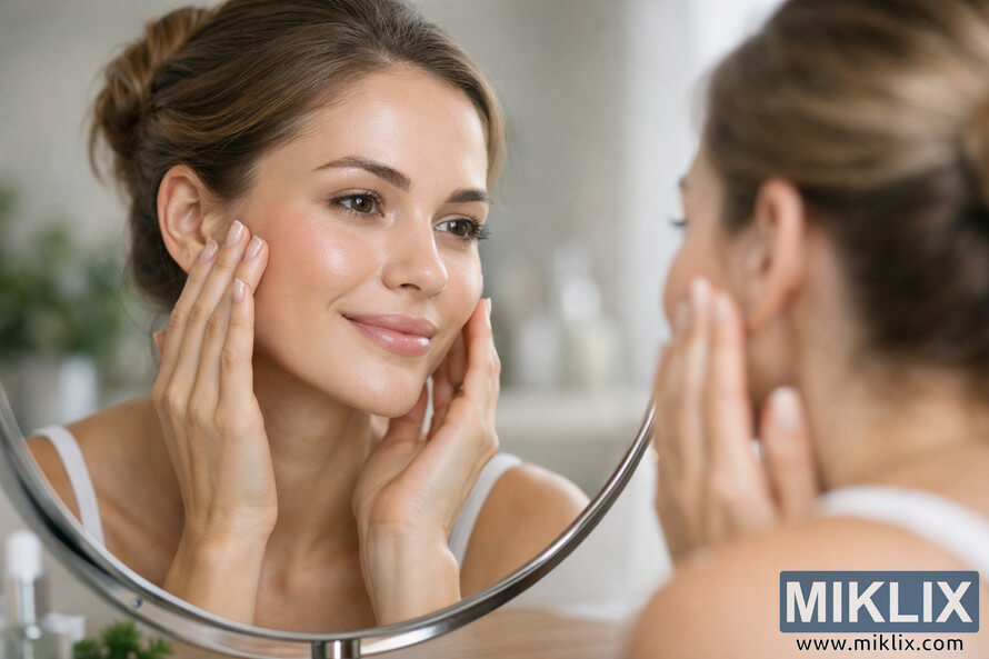 A young woman with clear, healthy skin gently touches her face while examining her reflection in a round mirror. She smiles softly, her hair tied back in a loose bun, with natural light illuminating her features against a blurred background of plants and skincare items. A young woman with clear, healthy skin gently touches her face while examining her reflection in a round mirror. She smiles softly, her hair tied back in a loose bun, with natural light illuminating her features against a blurred background of plants and skincare items.
