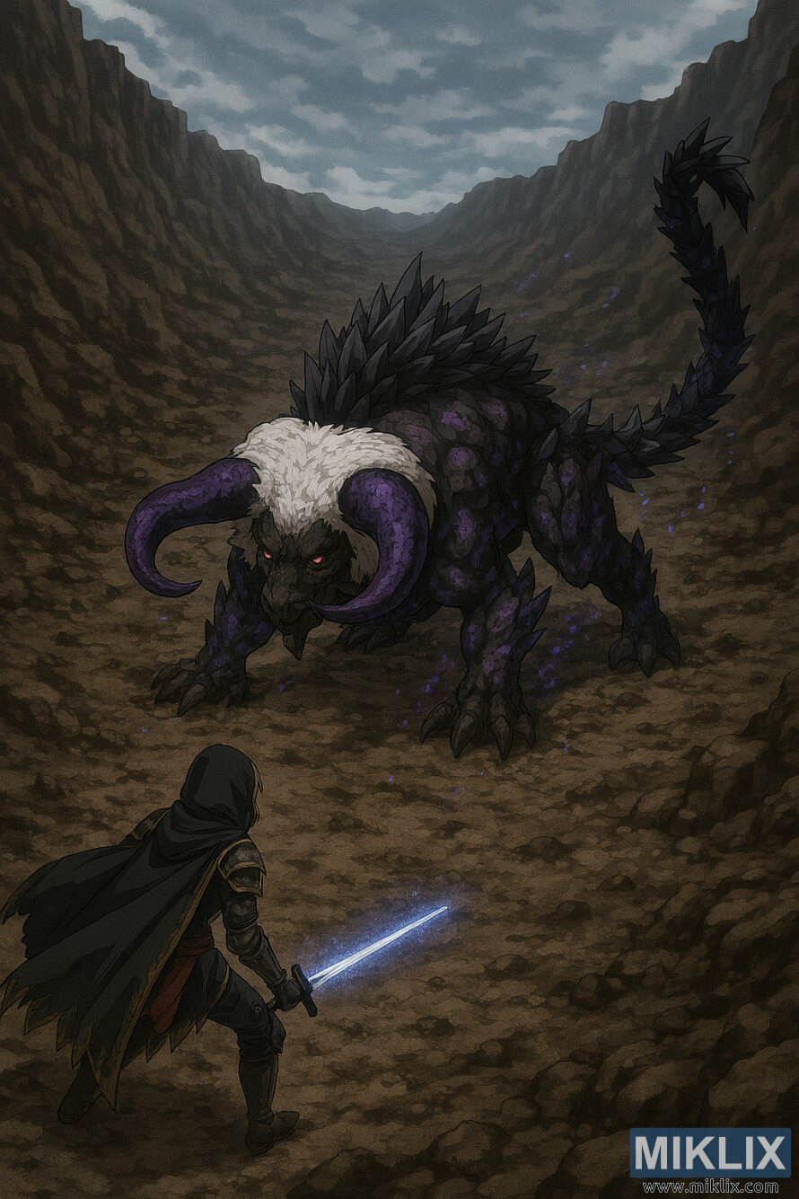 Fan art in stile anime che mostra l'armatura Tarnished in Black Knife che affronta la Bestia Stella Cadente da una visuale isometrica elevata nel cratere South Altus Plateau di Elden Ring.