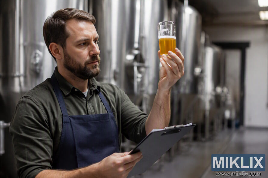 Landscape photograph of a brewer standing inside a brewery, holding a glass of amber beer up to the light while reviewing notes on a clipboard. Stainless steel fermentation tanks line the background, creating an industrial brewing environment with shallow depth of field and soft lighting. Landscape photograph of a brewer standing inside a brewery, holding a glass of amber beer up to the light while reviewing notes on a clipboard. Stainless steel fermentation tanks line the background, creating an industrial brewing environment with shallow depth of field and soft lighting.