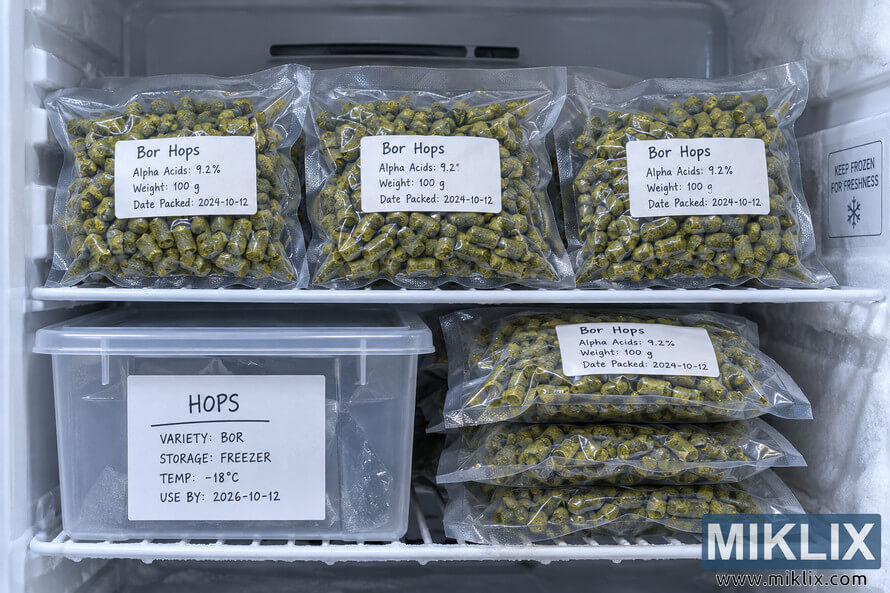 Open freezer containing neatly organized vacuum-sealed bags of green Bor hop pellets with plain storage labels, stacked on white wire shelves beside a labeled clear container. Open freezer containing neatly organized vacuum-sealed bags of green Bor hop pellets with plain storage labels, stacked on white wire shelves beside a labeled clear container.