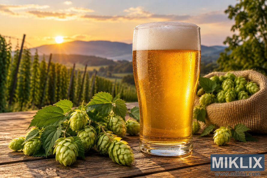 Photorealistic landscape image of an unbranded glass of clear golden IPA-style beer with a creamy foam head and visible carbonation on a rustic wooden table, surrounded by fresh green hop cones, hop leaves, and a burlap sack of hops, with a sunlit hop field, rolling hills, and mountains in the background at golden hour. Photorealistic landscape image of an unbranded glass of clear golden IPA-style beer with a creamy foam head and visible carbonation on a rustic wooden table, surrounded by fresh green hop cones, hop leaves, and a burlap sack of hops, with a sunlit hop field, rolling hills, and mountains in the background at golden hour.