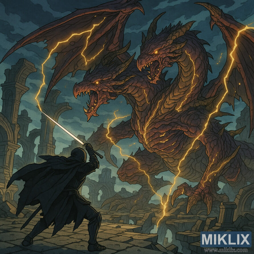 Anime ilustracija koja prikazuje oklopljenog ratnika Crnog Noža koji se suoÄava s Gospodarom Zmajeva Placidusaxom usred ruÅ¡evina i munja u raspadajuÄem Farumu Azula u Elden Ringu. Anime ilustracija koja prikazuje oklopljenog ratnika Crnog Noža koji se suoÄava s Gospodarom Zmajeva Placidusaxom usred ruÅ¡evina i munja u raspadajuÄem Farumu Azula u Elden Ringu.