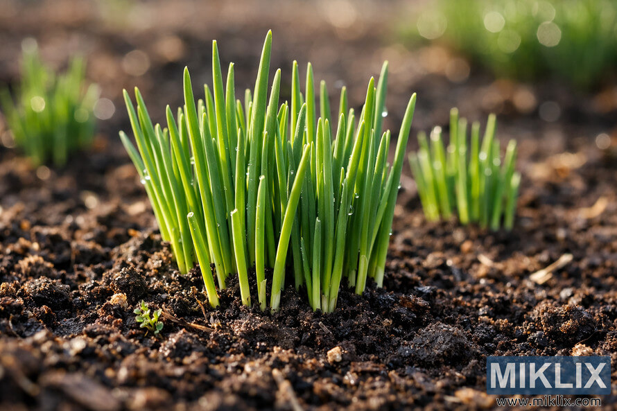 Close-up photograph of bright green chive shoots emerging from dark, rich garden soil, with tiny water droplets on the leaves and a softly blurred, golden bokeh background. Close-up photograph of bright green chive shoots emerging from dark, rich garden soil, with tiny water droplets on the leaves and a softly blurred, golden bokeh background.