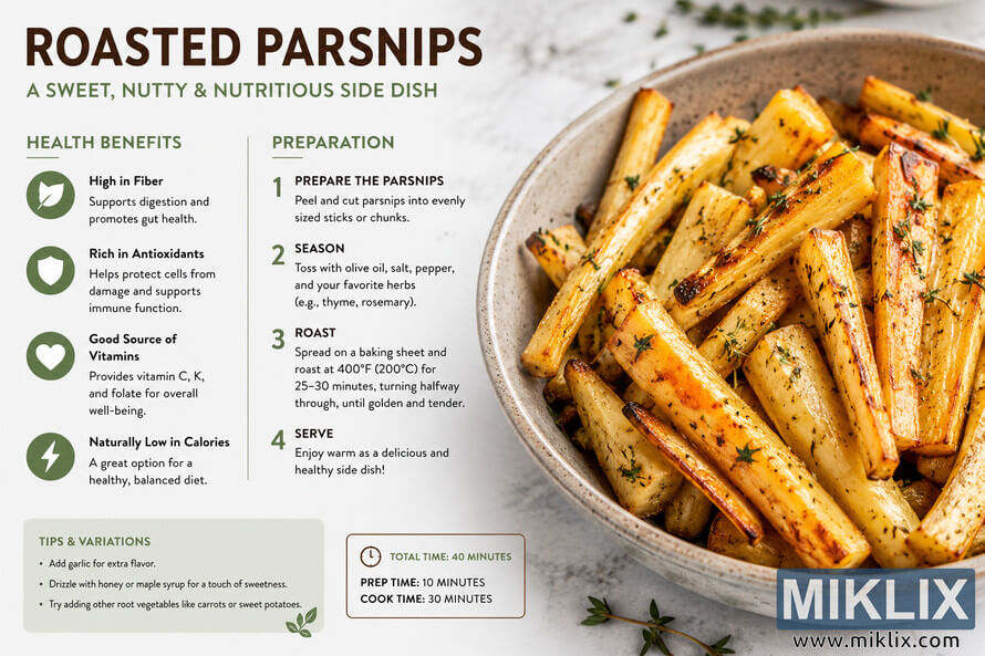Landscape recipe infographic featuring a bowl of golden roasted parsnips alongside a structured guide with health benefits, preparation steps, cooking timeline, and serving tips in a clean green and brown design. Landscape recipe infographic featuring a bowl of golden roasted parsnips alongside a structured guide with health benefits, preparation steps, cooking timeline, and serving tips in a clean green and brown design.