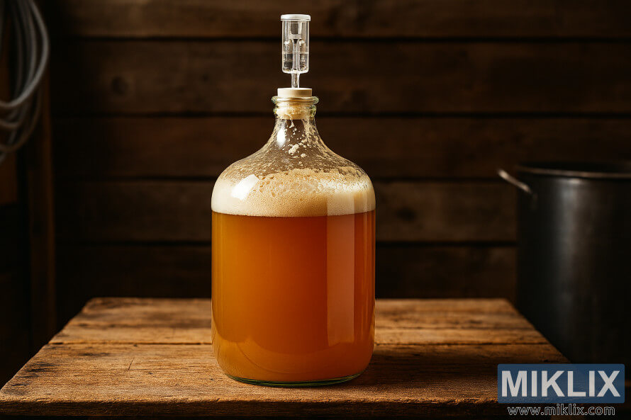 Stakleni demižon fermentira pÅ¡eniÄno pivo na rustikalnom drvenom stolu u okruženju domaÄeg pivarstva Stakleni demižon fermentira pÅ¡eniÄno pivo na rustikalnom drvenom stolu u okruženju domaÄeg pivarstva