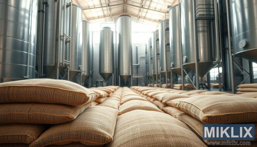 Hrpe vreÄa od jute blijedog slada sa ÄeliÄnim silosima i sistemima za skladiÅ¡tenje u svijetlom skladiÅ¡tu. Hrpe vreÄa od jute blijedog slada sa ÄeliÄnim silosima i sistemima za skladiÅ¡tenje u svijetlom skladiÅ¡tu.