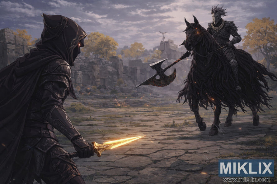 Anime-stil fan art av Tarnished in Black Knife-rustningen som mÃ¸ter Nattens kavaleri pÃ¥ en mÃ¸rk hest i Limgrave rett fÃ¸r kampen begynner.