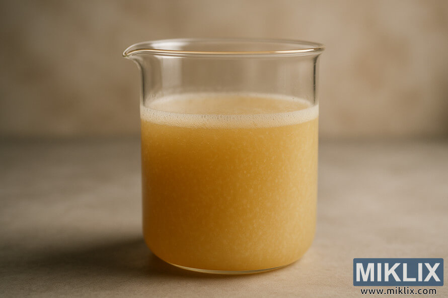 Transparent glasbÃ¤gare fylld med disig gyllenbrun vÃ¤tska, som framhÃ¤ver suspenderade jÃ¤stpartiklar frÃ¥n lÃ¥g flockulering i engelsk ale-jÃ¤st.