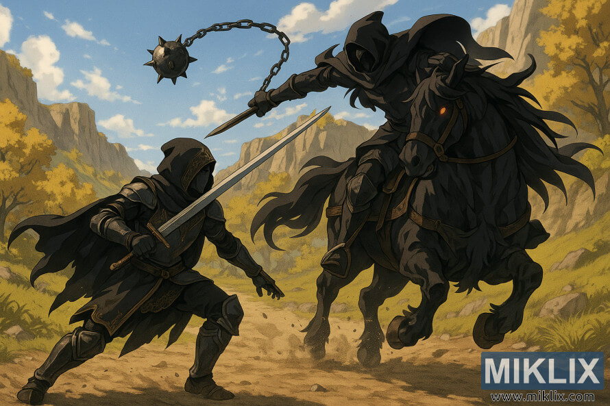 Anime-style illustration of the Tarnished in Black Knife armor fighting the Nightâs Cavalry with a flail on Altus Highway in Elden Ring.
