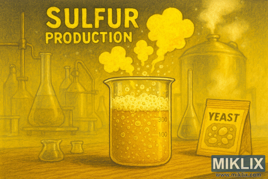 Illustration of sulfur byproducts forming during beer fermentation in a warm-lit laboratory