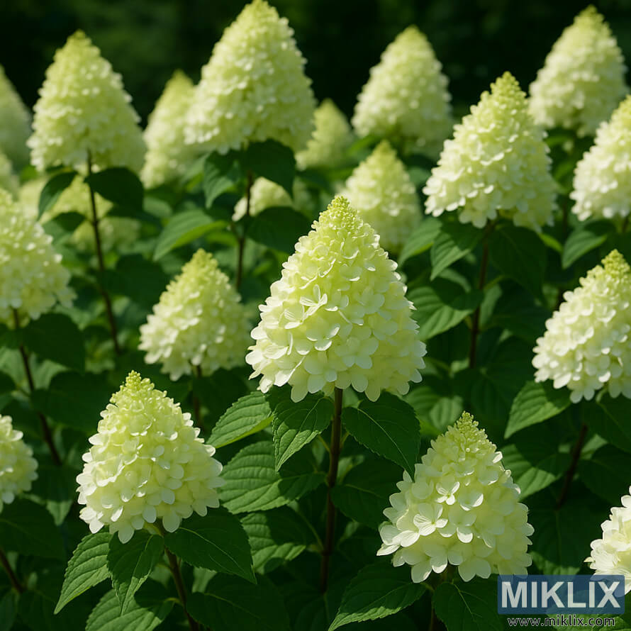 Hortenzije Limelight sa visokim kreÄno-zelenim do belim konusnim cvetovima iznad bujnog zelenog liÅ¡Äa.