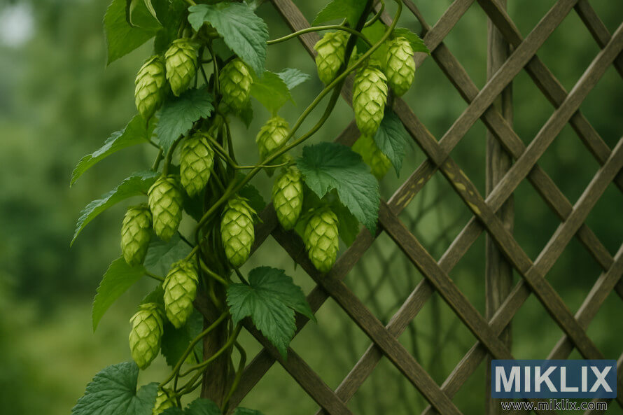 Uma vista de perto de cones de lÃºpulo verde e folhas subindo atravÃ©s de uma treliÃ§a de madeira rÃºstica em luz natural suave.