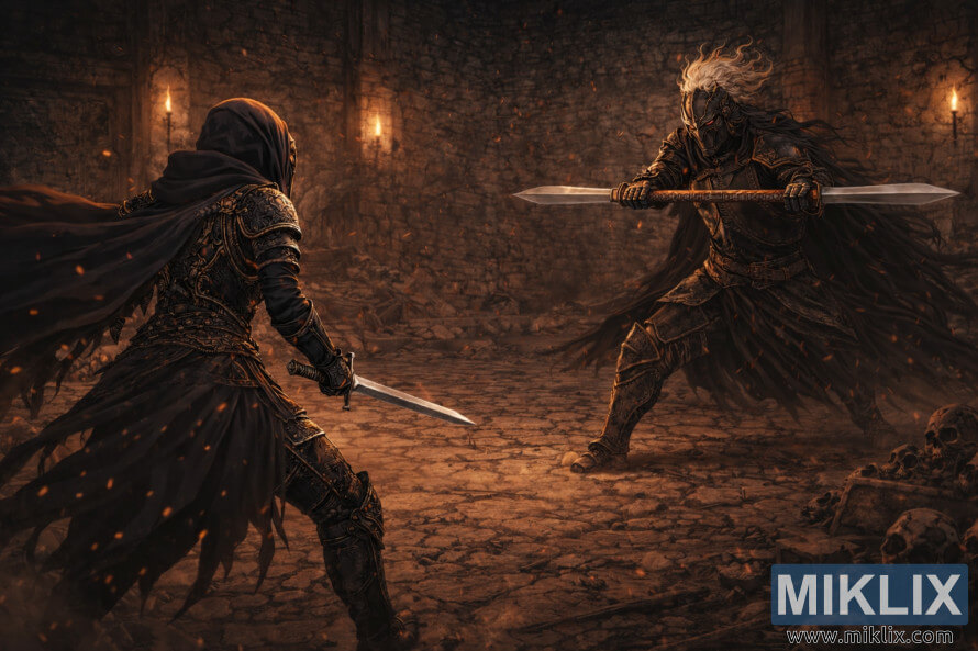 Anime-style illustration of the Tarnished approaching Black Knight Edredd, who wields a straight double-ended sword in a torchlit stone chamber