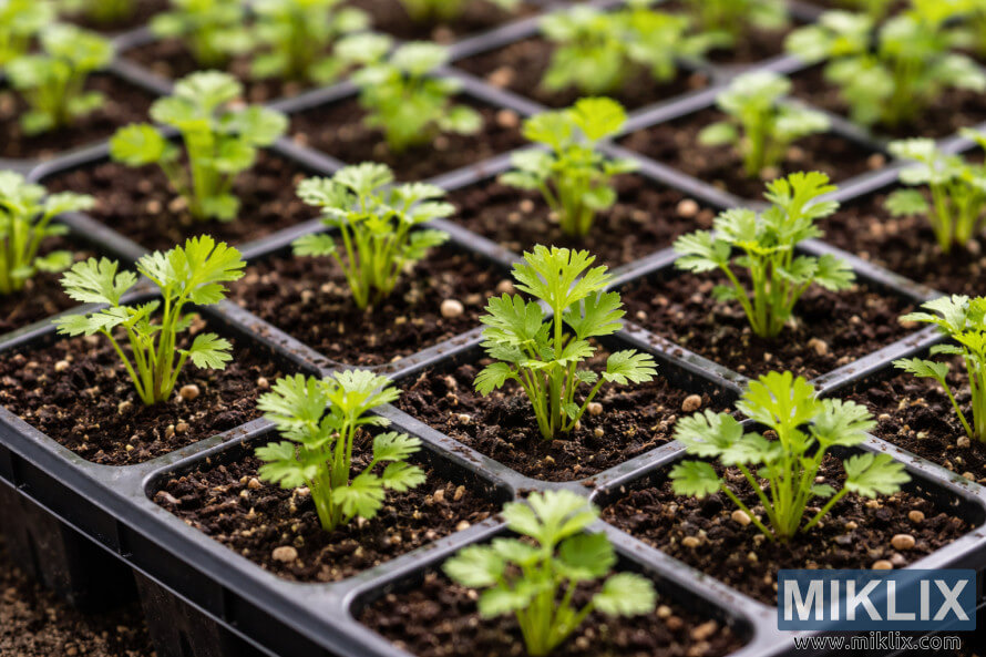 NÃ¦rmynd af ungum sellerÃ­plÃ¶ntum sem vaxa Ã­ einstÃ¶kum hÃ³lfum Ã­ svÃ¶rtum plastbakka, meÃ° skÃ¦rgrÃ¦num laufum sem koma upp Ãºr dÃ¶kkri, rÃ¶kum jarÃ°vegi.