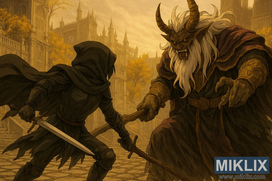 Adegan pertarungan bergaya anime Tarnished melawan Morgott dengan tongkat di Leyndell