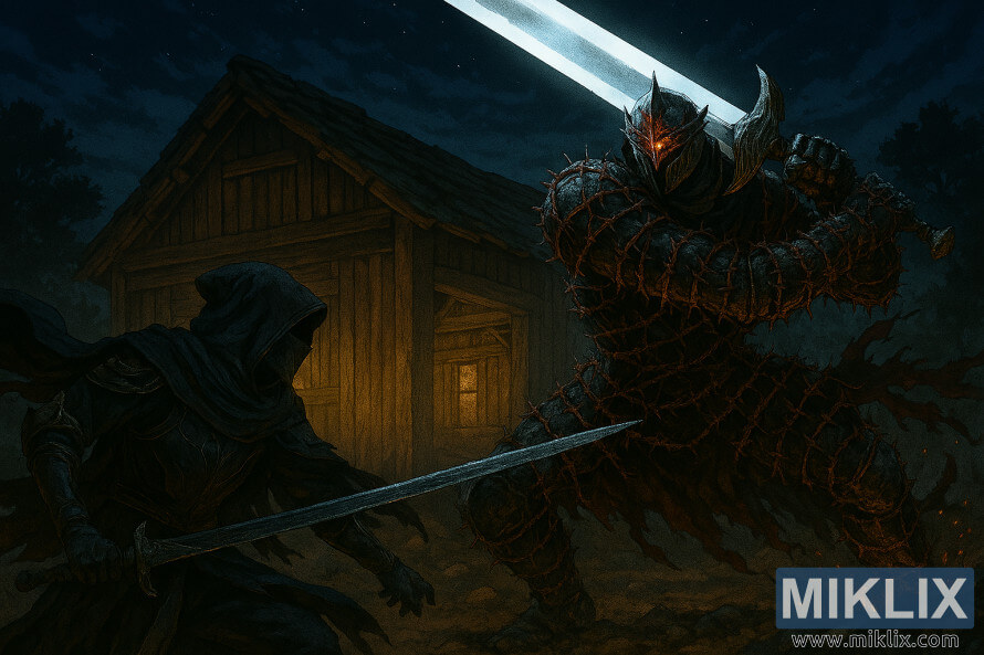 Μάχη Elden Ring σε στυλ anime με τον Tarnished με πανοπλία Black Knife να αντιμετωπίζει τον Bell Bearing Hunter.