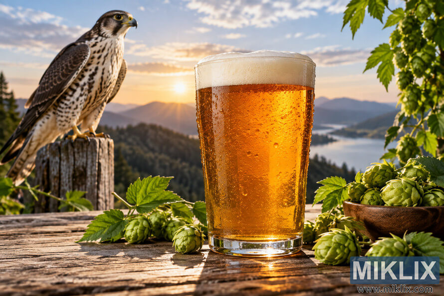 Photorealistic amber American IPA in a condensation-covered pint glass surrounded by fresh green hops, with a falcon perched nearby against a golden mountain and lake landscape. Photorealistic amber American IPA in a condensation-covered pint glass surrounded by fresh green hops, with a falcon perched nearby against a golden mountain and lake landscape.
