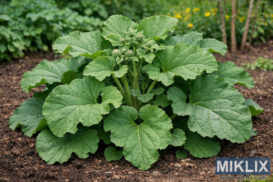 Healthy burdock plant with broad green leaves growing in a cultivated garden bed under natural daylight.