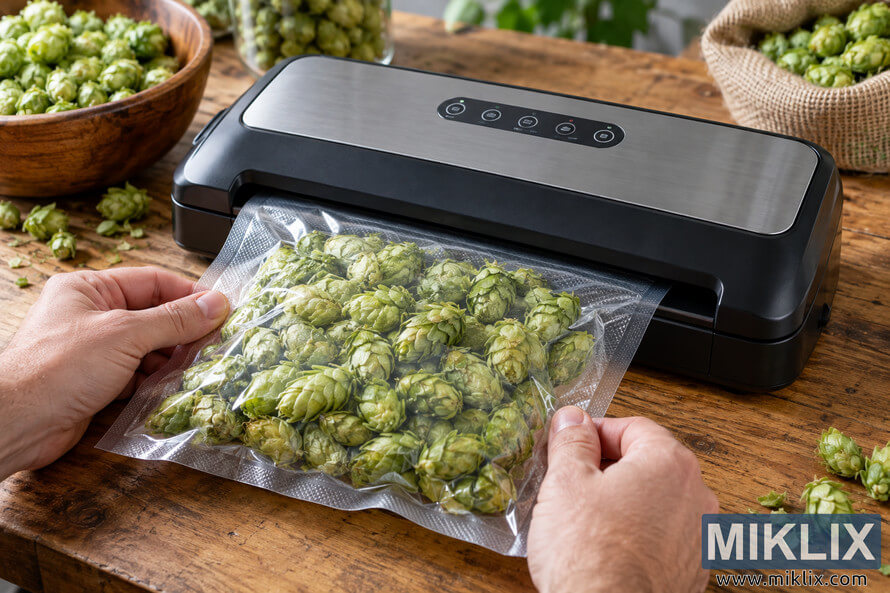 Close-up landscape photo of hands vacuum sealing fresh green hop cones in a clear plastic bag using an unbranded black and stainless-steel vacuum sealer on a rustic wooden table. Close-up landscape photo of hands vacuum sealing fresh green hop cones in a clear plastic bag using an unbranded black and stainless-steel vacuum sealer on a rustic wooden table.