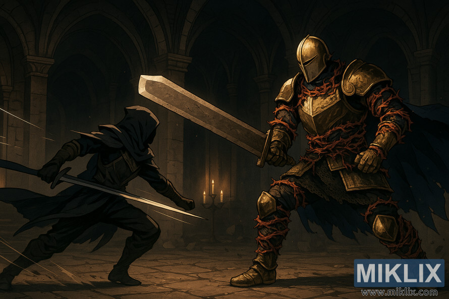 Ilustrace ve stylu anime postavy PoÅ¡krÃ¡banÃ©ho v ÄernÃ©m noÅ¾i, kterÃ¡ bojuje s Elemerem z VÅesoviÅ¡tÄ a uvnitÅ StÃ­nitÃ©ho hradu drÅ¾Ã­ Å¡irokÃ½, tupÃ½ dvouruÄnÃ­ meÄ.