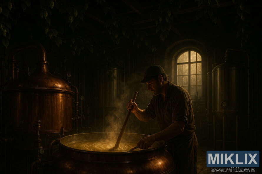 Panimomestari sekoittaa vierrettÃ¤ hÃ¤mÃ¤rÃ¤ssÃ¤ panimossa kuparitankeissa, terÃ¤sastioissa ja humalakÃ¶ynnÃ¶ksissÃ¤ lÃ¤mpimÃ¤n kultaisen valon alla.