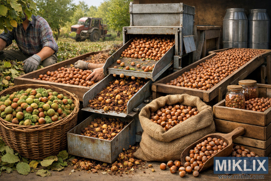 Fotografia de paisagem mostrando a colheita, seleÃ§Ã£o mecÃ¢nica, secagem e armazenamento de avelÃ£s em um pomar.