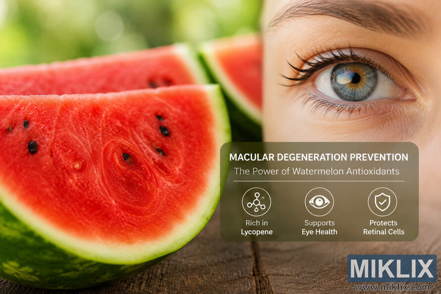 High-resolution landscape image featuring fresh watermelon slices beside a close-up of a healthy human eye with an informational overlay illustrating how antioxidants in watermelon, including lycopene, may support overall eye health and retinal wellness. High-resolution landscape image featuring fresh watermelon slices beside a close-up of a healthy human eye with an informational overlay illustrating how antioxidants in watermelon, including lycopene, may support overall eye health and retinal wellness.