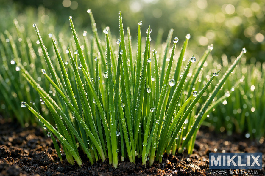 Close-up of fresh green chives in a garden covered with morning dew, illuminated by soft sunlight. Close-up of fresh green chives in a garden covered with morning dew, illuminated by soft sunlight.