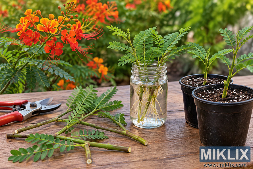 Pride of Barbados-style cuttings on a wooden table, with rooted stems in a glass jar, planted cuttings in pots, pruning shears, and orange-red flowers. Pride of Barbados-style cuttings on a wooden table, with rooted stems in a glass jar, planted cuttings in pots, pruning shears, and orange-red flowers.