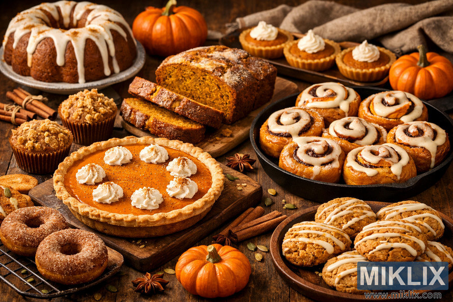 High-resolution photo of a rustic wooden table covered with an assortment of pumpkin baked goods, including a pumpkin pie with whipped cream, pumpkin muffins with streusel and glaze, sliced pumpkin bread, pumpkin cinnamon rolls in a cast iron skillet, pumpkin cookies with icing, glazed pumpkin scones on a cooling rack, cinnamon sugar pumpkin donuts, a glazed pumpkin Bundt cake on a cake stand, and pumpkin-shaped mini tarts, surrounded by small pumpkins, cinnamon sticks, star anise, pumpkin seeds, and a beige linen cloth under warm autumn lighting.
