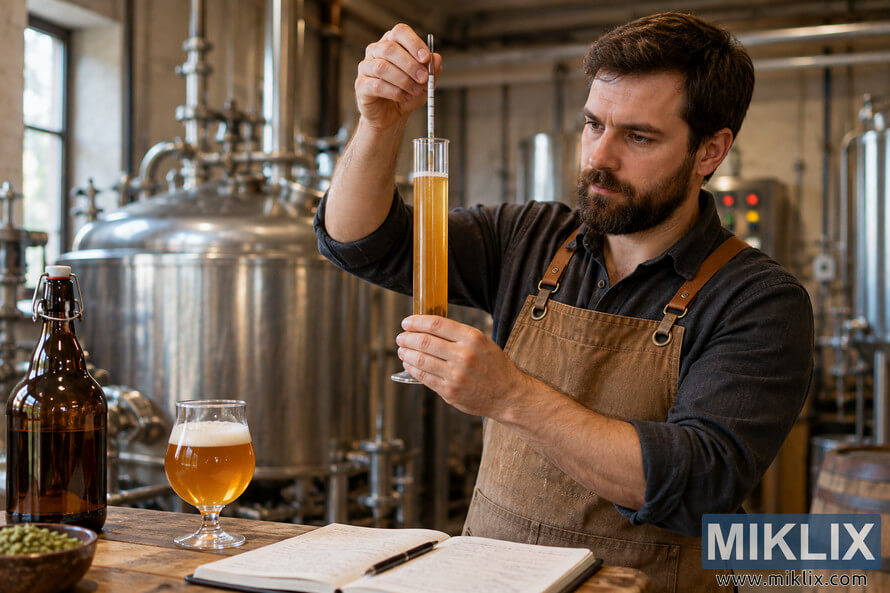 Brewer in a stainless-steel brewery examining a hydrometer in a graduated cylinder of golden-amber ale beside a beer glass and notebook. Brewer in a stainless-steel brewery examining a hydrometer in a graduated cylinder of golden-amber ale beside a beer glass and notebook.