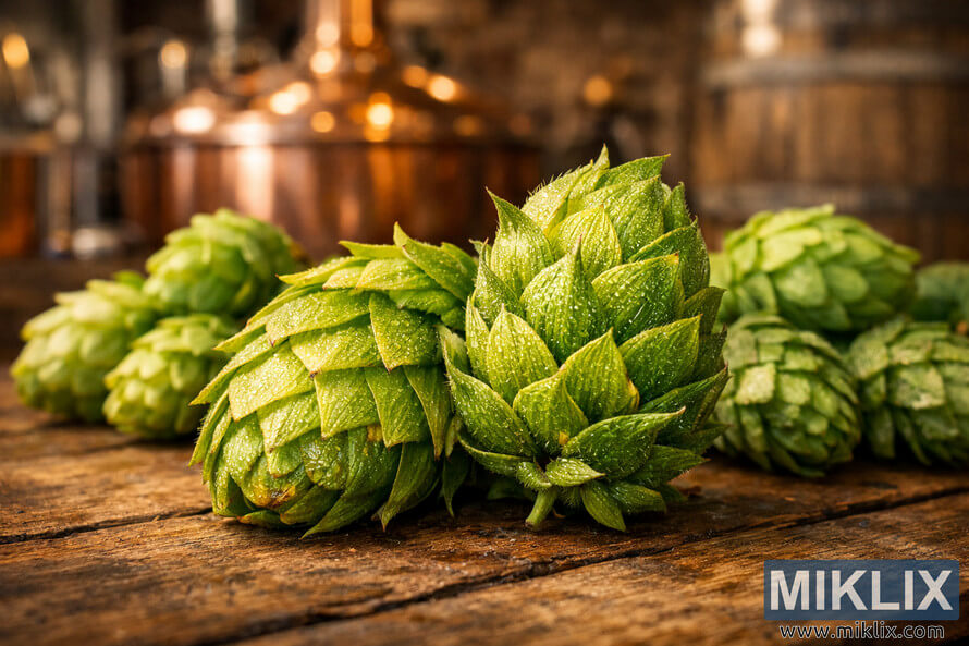 Close-up of Sticklebract hops with vibrant green bracts and resinous texture, surrounded by Cascade and Chinook hops in a blurred brewery background with copper equipment and wooden barrels. Close-up of Sticklebract hops with vibrant green bracts and resinous texture, surrounded by Cascade and Chinook hops in a blurred brewery background with copper equipment and wooden barrels.