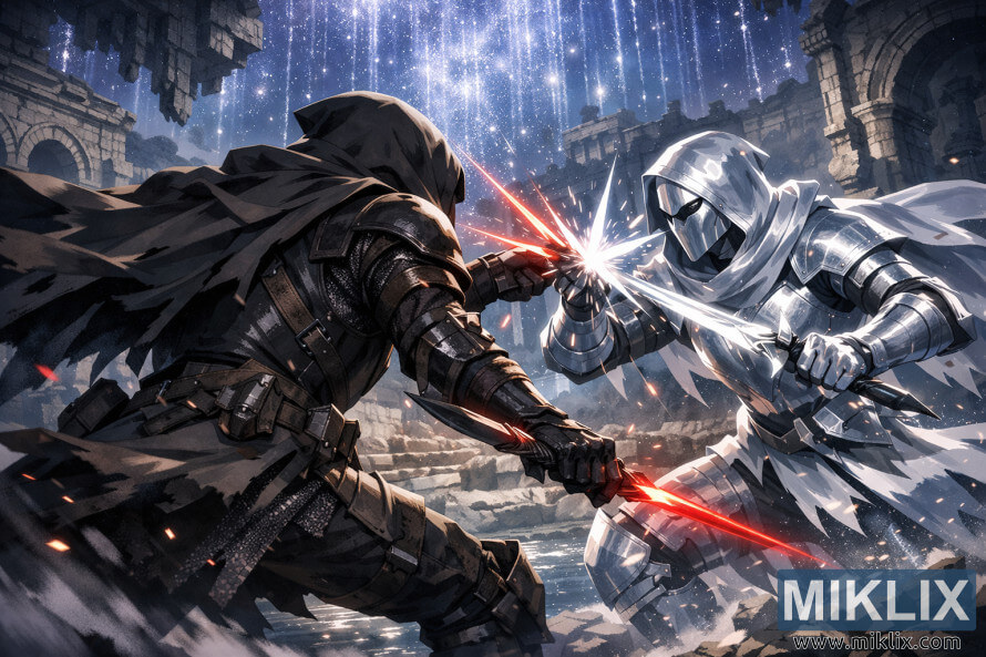 Fan art dâanime par-dessus lâÃ©paule montrant le Sans-Ã©clat en armure de couteau noir affrontant des dagues rouges lumineuses avec le Mimic Tear argentÃ© au milieu des ruines Ã©toilÃ©es de Nokron, dans la CitÃ© Ãternelle.