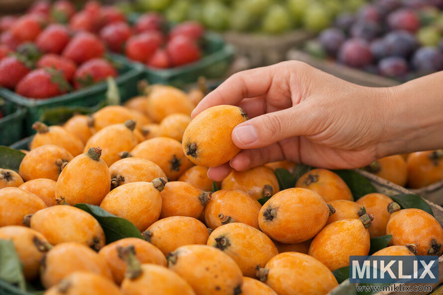A close-up photograph of a person's hand selecting a ripe loquat from a pile of fresh loquats at an outdoor market, surrounded by colorful fruits in the background. A close-up photograph of a person's hand selecting a ripe loquat from a pile of fresh loquats at an outdoor market, surrounded by colorful fruits in the background.
