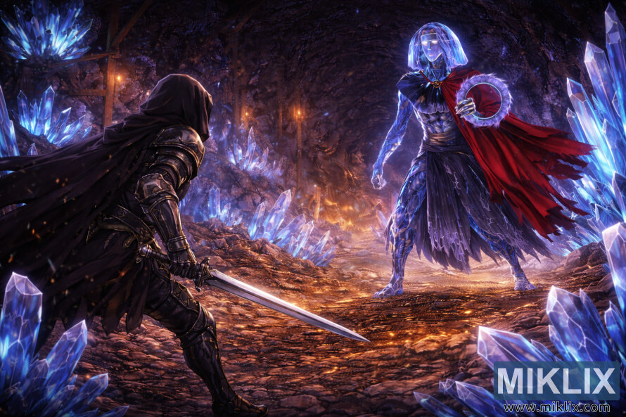 Arte de fÃ£ de Elden Ring em estilo anime, mostrando o Tarnished de costas, com uma espada, encarando um imponente chefe Crystaliano dentro do TÃºnel de Cristal Raya Lucaria, repleto de cristais.