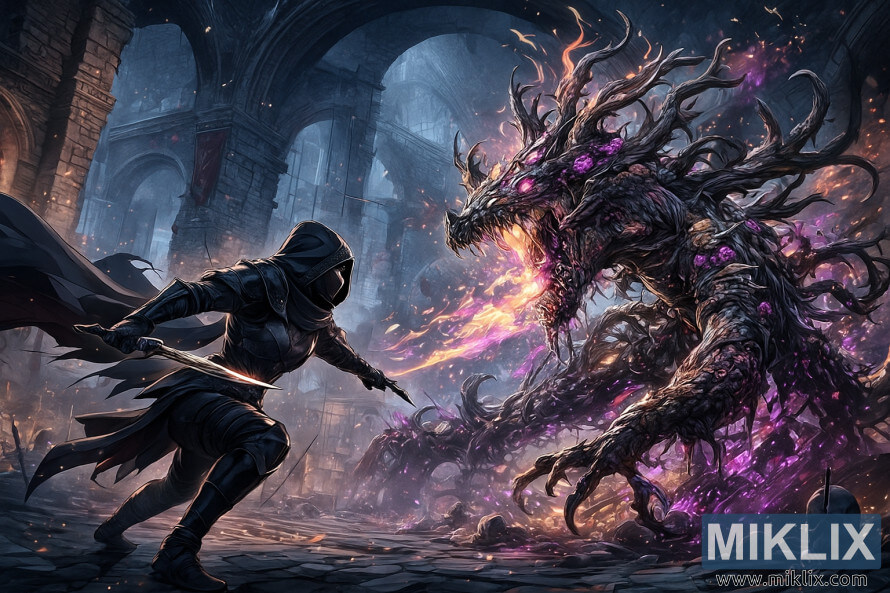 IlustraÃ§Ã£o em estilo anime de uma armadura de Faca Maculada em Preto lutando contra um EspÃ­rito da Ãrvore PÃºtrida dentro das Catacumbas dos Mortos-Vivos.